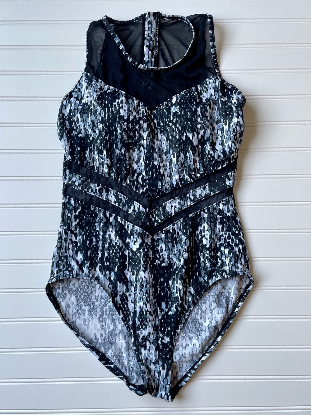 Aqua Green One-Piece Swimsuit SzM Black White Water Drop Mesh Zip Back High Neck